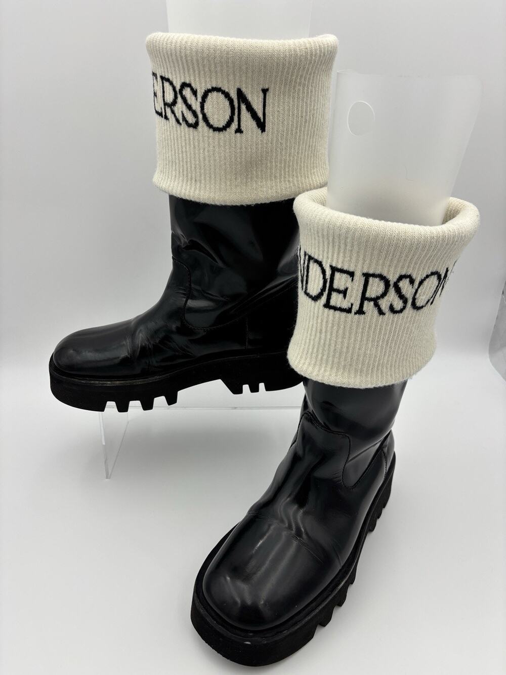 JW Anderson Logo Fisherman Boots Black Patent Leather White Sock Size 39 / 9